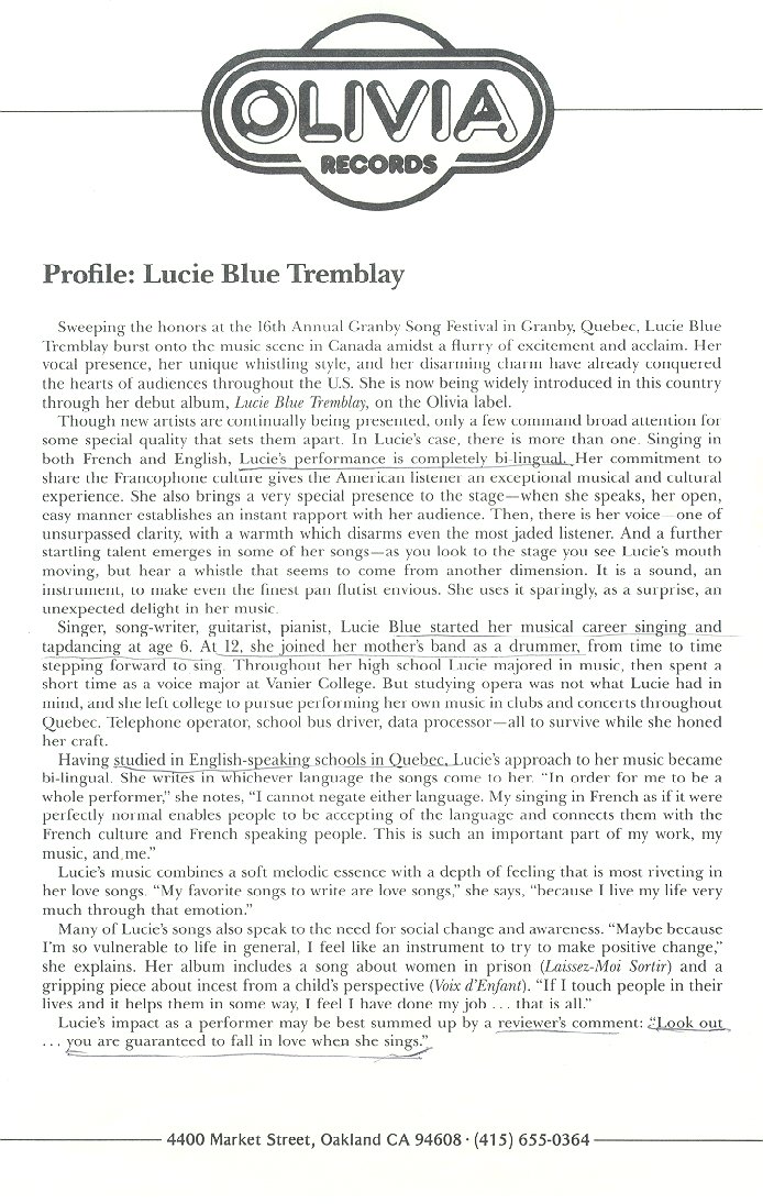 Contents of Olivia Press Kit, circa 1986